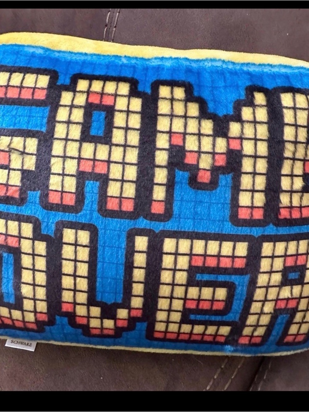 FAO Schwarz Blue and Yellow Pixel 'Game Over' Accent Pillow